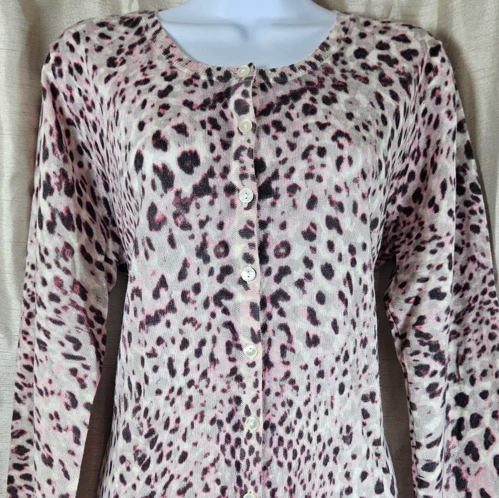 NWOT Talbots pink white animal print Merino wool cardigan sweater Womens Large - Picture 6 of 9